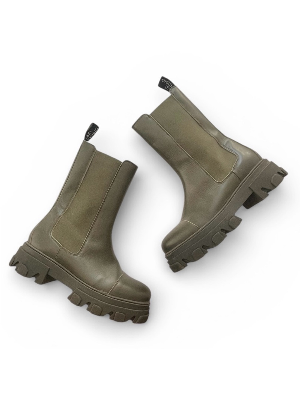LAST STUDIO Green Leather Military Platform Lug Platform High Chelsea Boots 8